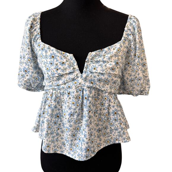 New LUSH NORDSTROM Women's White-Blue Floral Blouse Top Size M - Picture 1 of 4